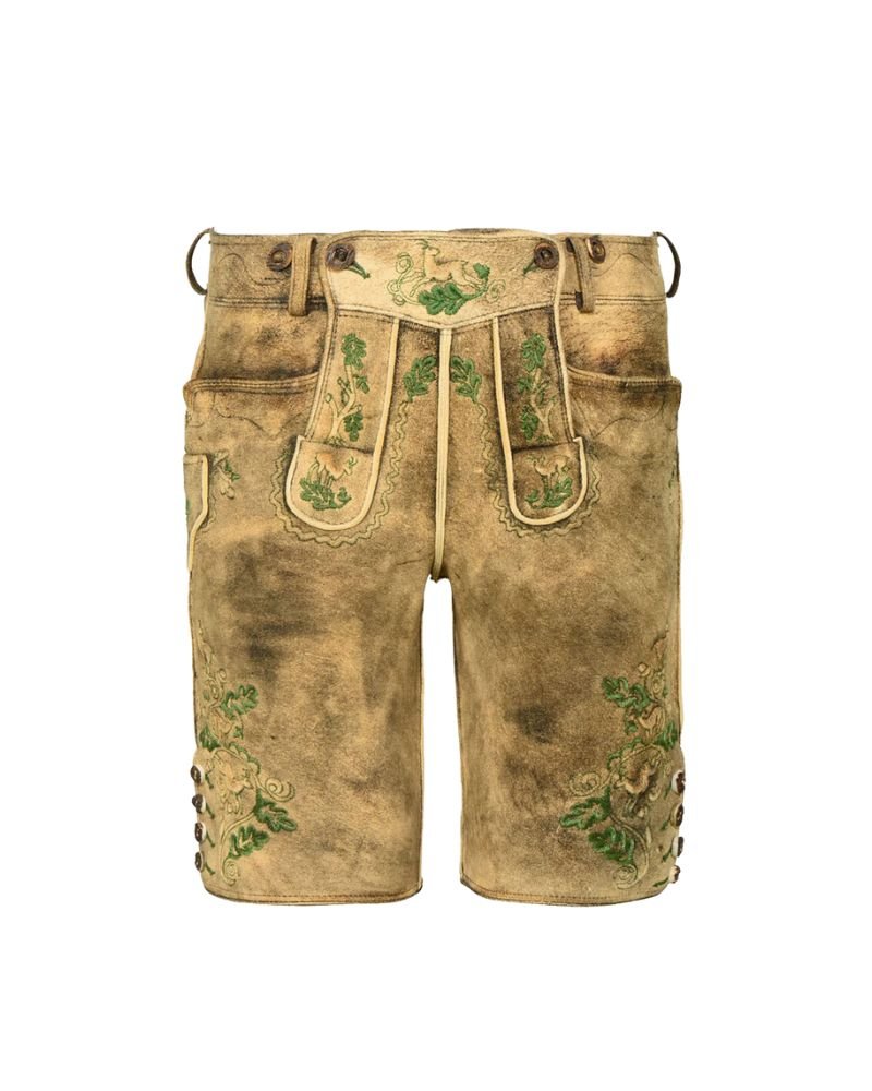 Alpine Green Embroidered Tan Suede Lederhosen – Bavarian Style