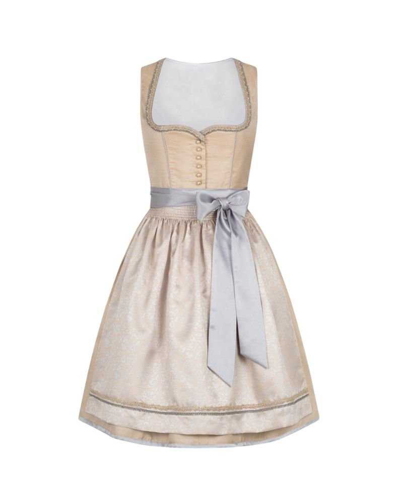 Anne German Dirndl Dress Costume Pale Gold Mini Dirndl Dress with Silver Satin Bow