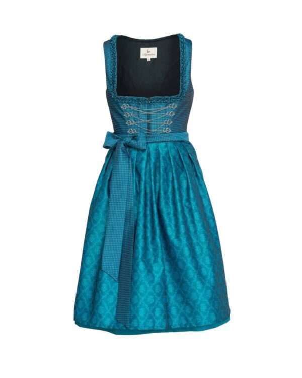 Teal Blue Midi Dirndl – Glamorous Brocade Bavarian Dress