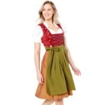 Olive Green & Rust Red Mini Dirndl – Brocade Bodice Traditional Dress