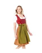 Olive Green & Rust Red Mini Dirndl – Brocade Bodice Traditional Dress