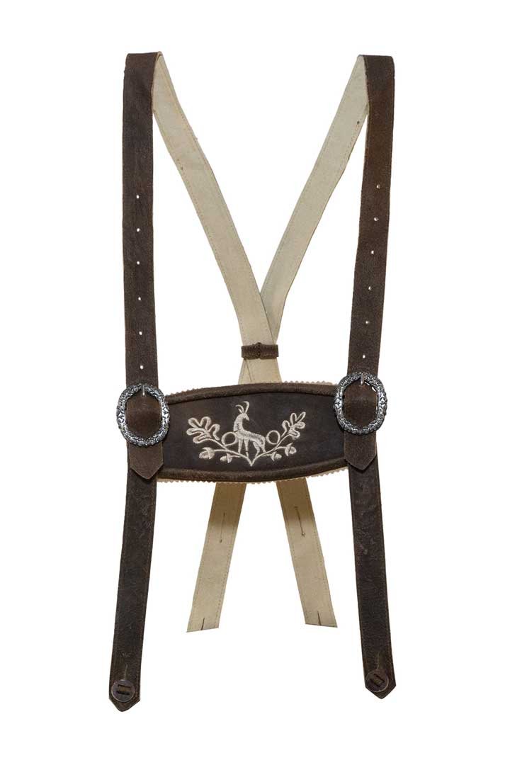 Bavarian-Brown-Suspenders-For-Lederhosen-1.jpg Passau Chocolate Brown Bavarian Suede leather Suspender with deer Embroidery