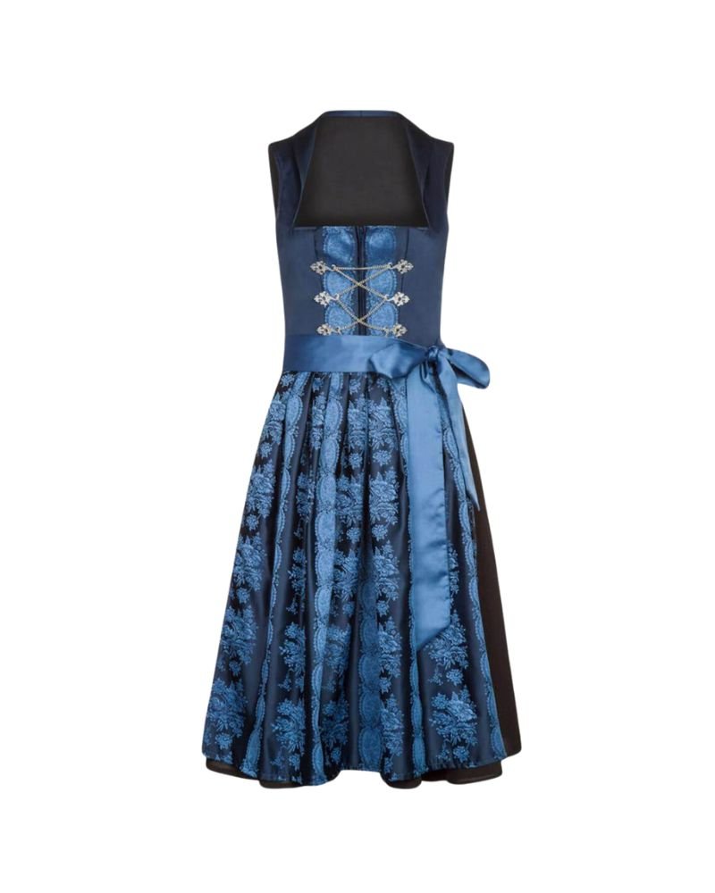 Dirndl Ferrers Midnight Sapphire Midi Dirndl – Blue Floral Dress with Chain Lacing