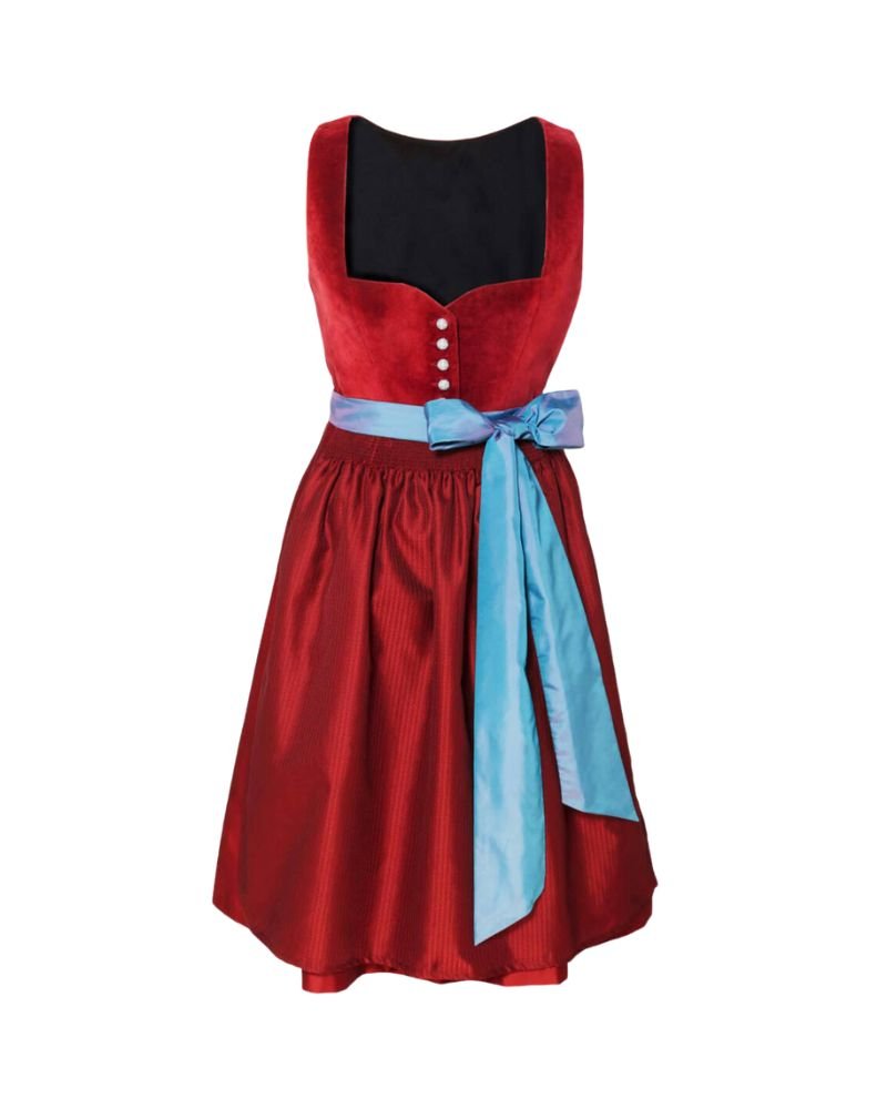 Dirndl Viviane Geppert Crimson Dirndl with Sky Blue Apron Ribbon