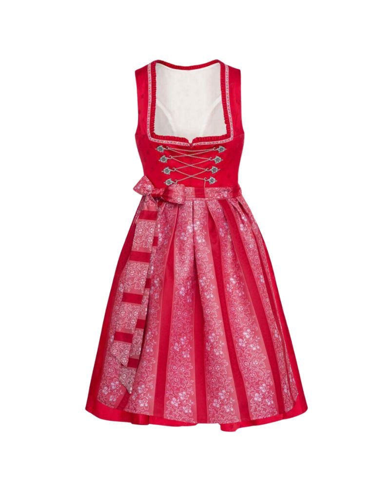 Maria Dragus Dirndl Ruby Red Floral Dirndl with Chain Lacing