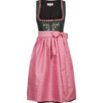 Emerald Green Dirndl with Rose Pink Apron & Floral Embroidery