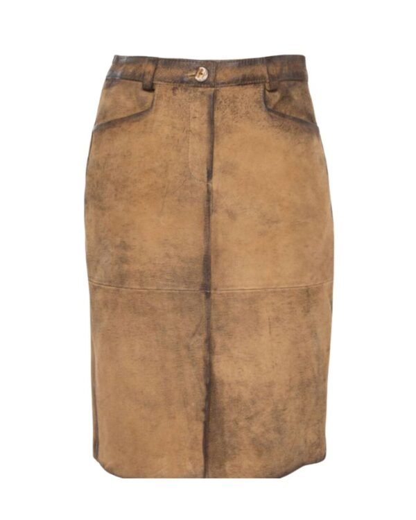 Veronika – Honey Brown Button-Front Leather Skirt in Goat Suede