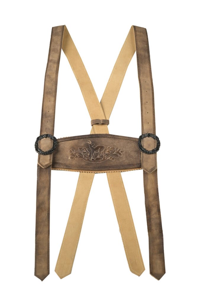 Sandstone Taupe Bavarian Leather Suspenders with Alpine Embroidery